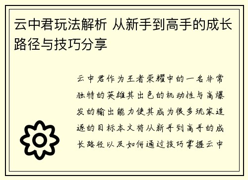 云中君玩法解析 从新手到高手的成长路径与技巧分享